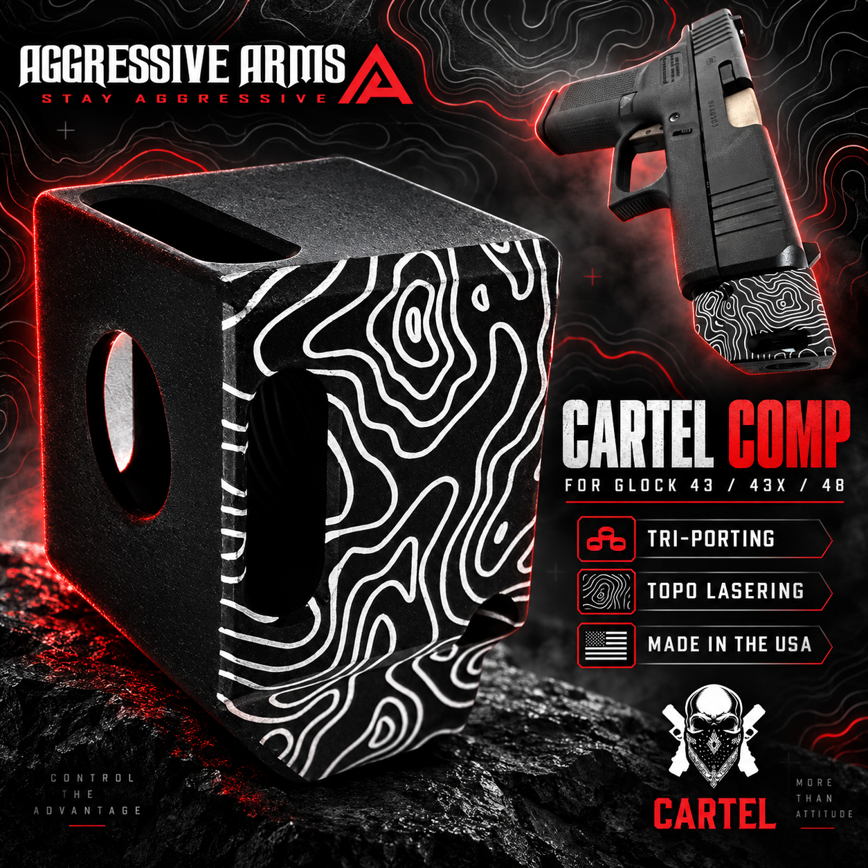 1213ae63-589b-4762-8071-527362a2d789 AGGRESSIVE ARMS Cartel TOPOGRAPHY SERIES PORTED Recoil REDUCTION COMPENSATOR for GLOCK 43 43x 48 - BLACK TOPO - 1/2x28 TPI Thread - Image 1