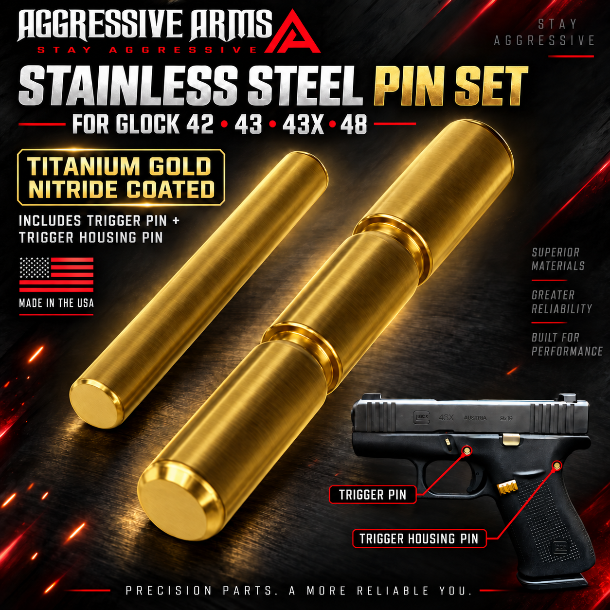 3330ed5b-d6e5-4d34-ac8d-25876627d429 AGGRESSIVE ARMS GOLD TITANIUM NITRIDE OVER STAINLESS STEEL UPGRADE Performance for GLOCK 42 43 43X 48 Pins - Image 1