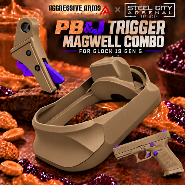 AGGRESSIVE ARMS / STEEL CITY R-LINE for GLOCK GEN 5 - 19 - 23 CNC BILLET ALUMINUM TRIGGER AND MAGWELL - PEANUT BUTTER JELLY THEME - AI FDE - FX PURPLE SAFETY