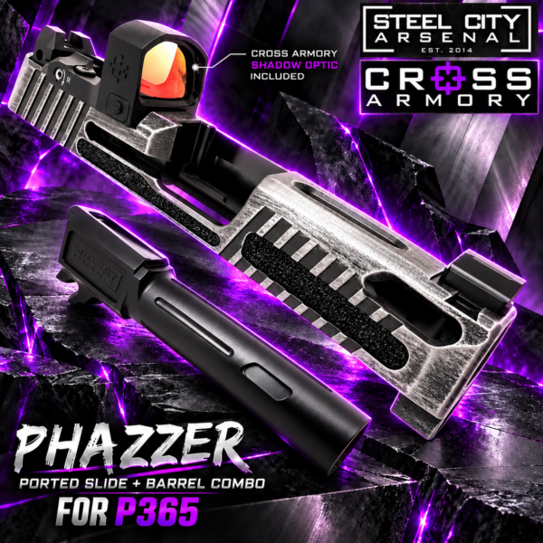 STEEL CITY ARSENAL LIMITED EDITION PHAZZER Ported Battleworn Grey Slide & Barrel Combo for SIG P365 + CROSS ARMORY Shadow Red Dot OPTIC INCLUDED