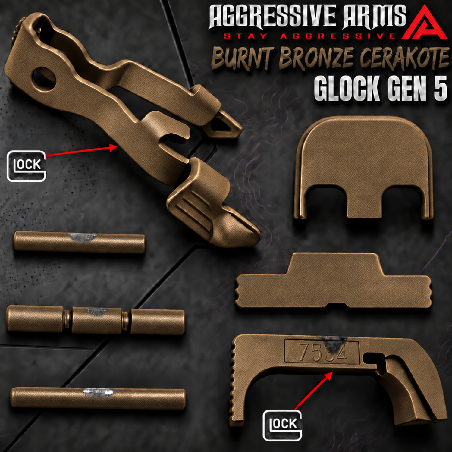 BRONZE MAIN AGGRESSIVE ARMS BURNT BRONZE CERAKOTED PARTS FOR GLOCK GEN 5 - OEM SLIDE RELEASE / LOCK - SLIDE LOCK - PINS - REAR COVER PLATE - OEM MAGAZINE CATCH - Image 1