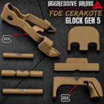AGGRESSIVE ARMS FDE TAN CERAKOTED PARTS FOR GLOCK GEN 5 - OEM SLIDE RELEASE / LOCK - SLIDE LOCK - PINS - REAR COVER PLATE - OEM MAGAZINE CATCH