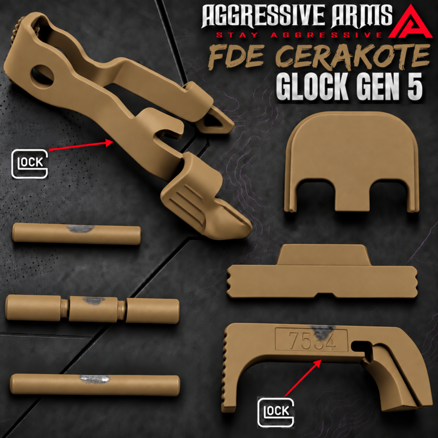 FDEFRONT USE AGGRESSIVE ARMS FDE TAN CERAKOTED PARTS FOR GLOCK GEN 5 - OEM SLIDE RELEASE / LOCK - SLIDE LOCK - PINS - REAR COVER PLATE - OEM MAGAZINE CATCH - Image 1
