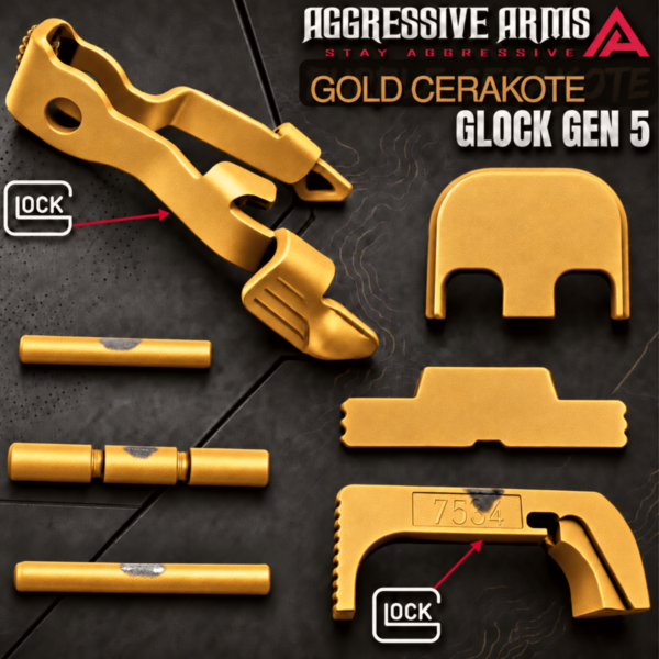 AGGRESSIVE ARMS GOLD CERAKOTED PARTS FOR GLOCK GEN 5 - OEM SLIDE RELEASE / LOCK - SLIDE LOCK - PINS - REAR COVER PLATE - OEM MAGAZINE CATCH