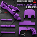 AGGRESSIVE ARMS PURPLE CERAKOTED PARTS FOR GLOCK GEN 5 - OEM SLIDE RELEASE / LOCK - SLIDE LOCK - PINS - REAR COVER PLATE - OEM MAGAZINE CATCH