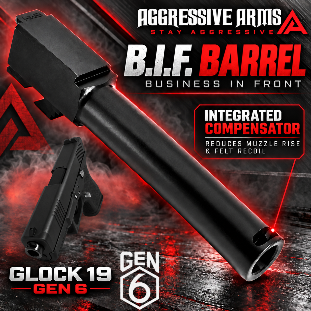 HERO6 AGGRESSIVE ARMS B.I.F (Business in Front) Ported Compensated Barrel for NEW GLOCK 19 & 45 GEN 6 - BLACK - Image 1