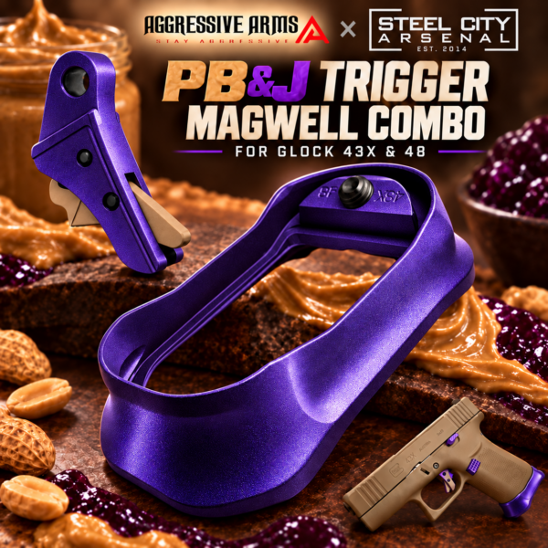 AGGRESSIVE ARMS / STEEL CITY R-LINE for GLOCK 43X - 48 GEN 5 CNC BILLET ALUMINUM TRIGGER AND MAGWELL - PEANUT BUTTER JELLY THEME - FX PURPLE - PEANUT BUTTER SAFETY