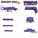 AGGRESSIVE ARMS PURPLE CERAKOTED PARTS FOR GLOCK GEN 1 2 3 4* - SLIDE RELEASE / LOCK - SLIDE LOCK - PINS - REAR COVER PLATE - MAGAZINE CATCH
