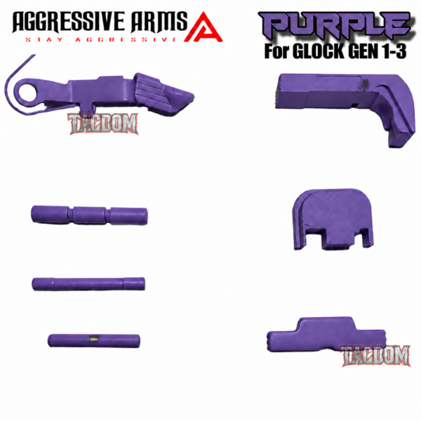 AGGRESSIVE ARMS PURPLE CERAKOTED PARTS FOR GLOCK GEN 1 2 3 4* - SLIDE RELEASE / LOCK - SLIDE LOCK - PINS - REAR COVER PLATE - MAGAZINE CATCH
