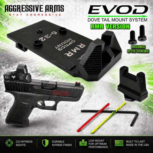 AGGRESSIVE ARMS EVOD DOVE MOUNT SYSTEM for Glock RMR Slide Sight Adapter with Front FIBER OPTIC READY SIGHT + SLIM FLAT OPTIC SCREWS