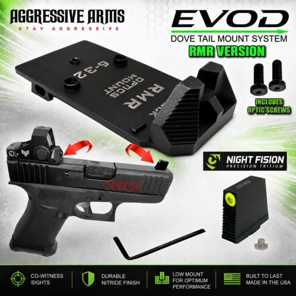 AGGRESSIVE ARMS EVOD DOVE MOUNT SYSTEM for Glock RMR Slide Sight Adapter with Front NIGHT FISION TRITIUM SIGHT & SLIM FLAT OPTIC SCREWS