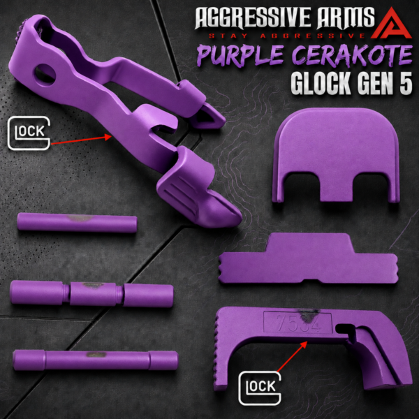 AGGRESSIVE ARMS PURPLE CERAKOTED PARTS FOR GLOCK GEN 5 - OEM SLIDE RELEASE / LOCK - SLIDE LOCK - PINS - REAR COVER PLATE - OEM MAGAZINE CATCH
