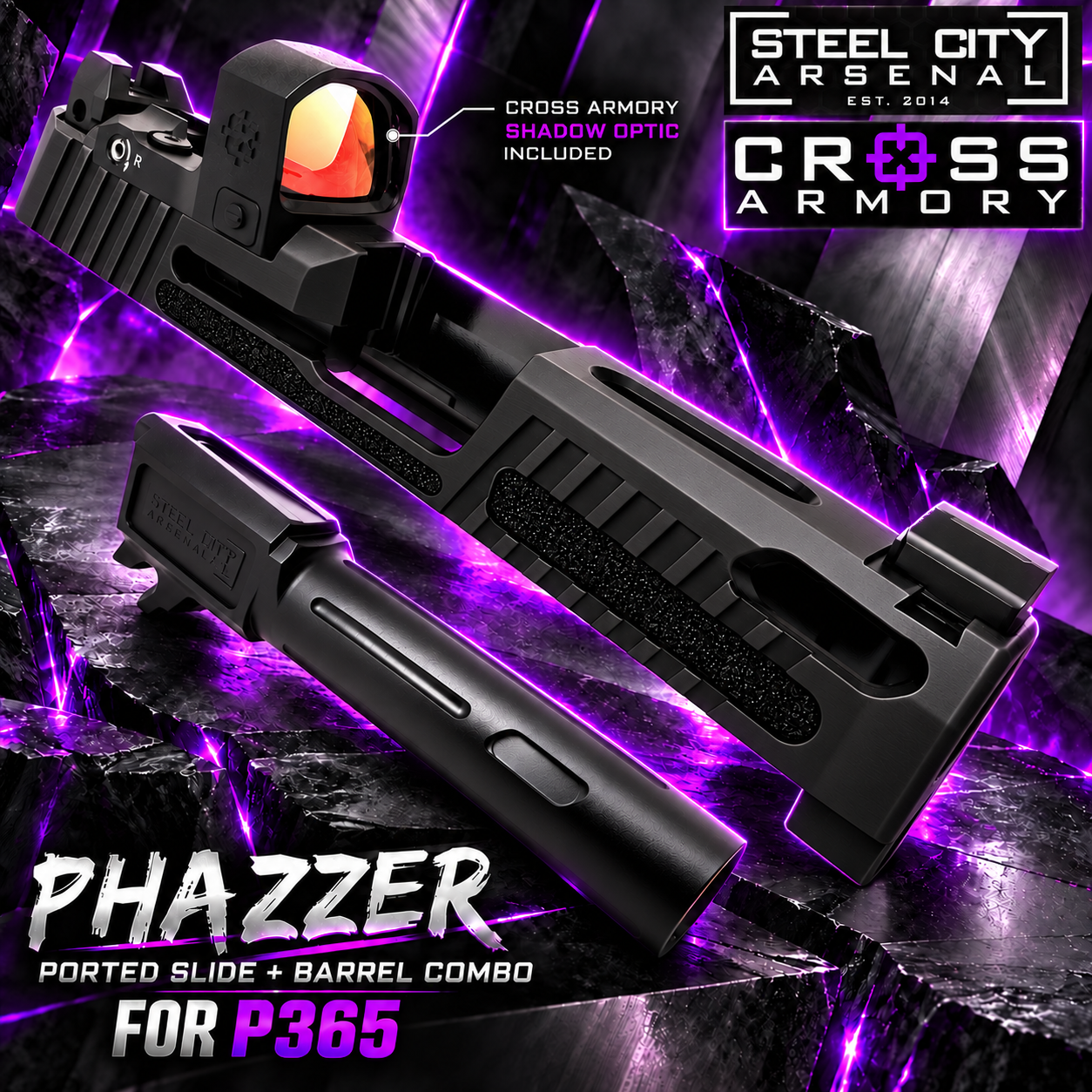 a8b7f6f0-52cd-4286-ae11-f994e4d78fd8 STEEL CITY ARSENAL LIMITED EDITION PHAZZER Ported Graphite Black Slide & Barrel Combo for SIG P365 + CROSS ARMORY Shadow Red Dot OPTIC INCLUDED - Image 1