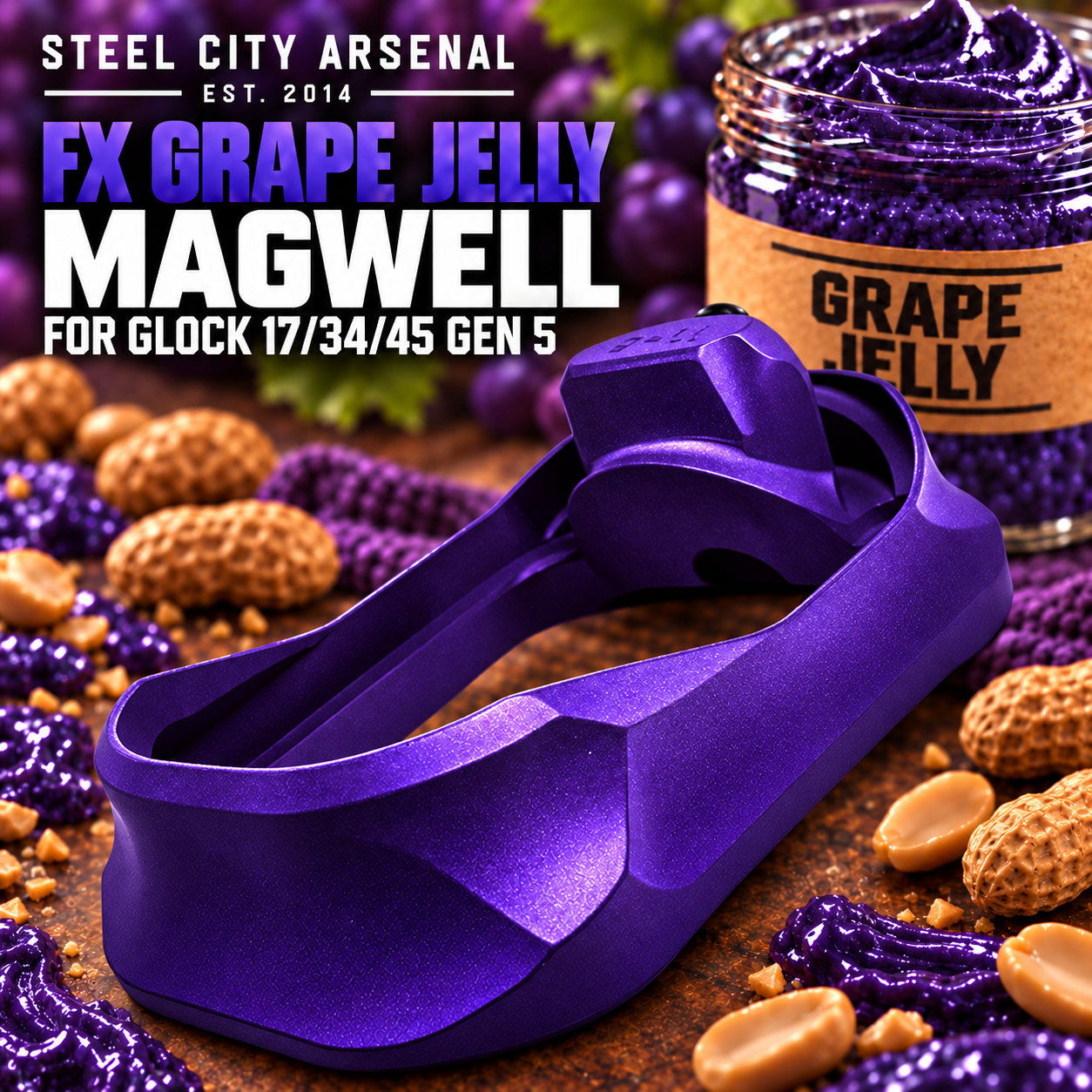 a9aa4276-089b-41c2-b10f-5fd7d2ff31d3 STEEL CITY ARSENAL GLOCK 17 - 22 - 34 - 45 GEN 5 ENHANCED "TACDOM EXCLUSIVE" FX PURPLE GRAPE JELLY MAGWELL – FITS OEM GLOCK FACTORY FRAMES - Image 1