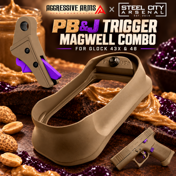 AGGRESSIVE ARMS / STEEL CITY R-LINE for GLOCK 43X - 48 GEN 5 CNC BILLET ALUMINUM TRIGGER AND MAGWELL - PEANUT BUTTER JELLY THEME - PEANUT TAN - FX PURPLE SAFETY
