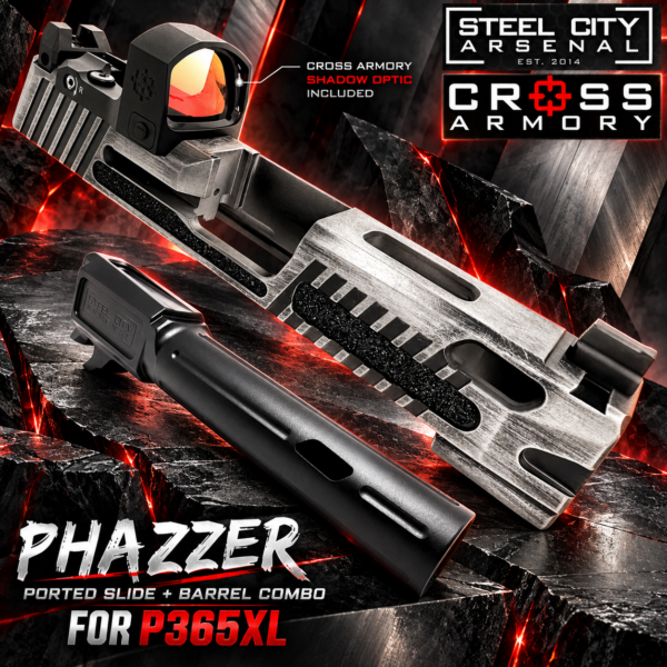 STEEL CITY ARSENAL LIMITED EDITION PHAZZER Ported Battleworn Grey Slide & Barrel Combo for SIG P365XL + CROSS ARMORY Shadow Red Dot OPTIC INCLUDED
