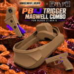 AGGRESSIVE ARMS / STEEL CITY R-LINE for GLOCK GEN 5 - 17 - 22 - 34 - 45 CNC BILLET ALUMINUM TRIGGER AND MAGWELL - PEANUT BUTTER JELLY THEME - AI FDE - FX PURPLE SAFETY