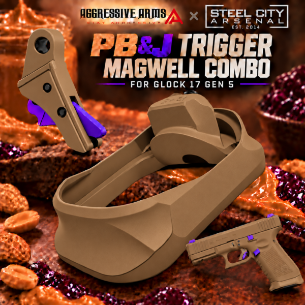 AGGRESSIVE ARMS / STEEL CITY R-LINE for GLOCK GEN 5 - 17 - 22 - 34 - 45 CNC BILLET ALUMINUM TRIGGER AND MAGWELL - PEANUT BUTTER JELLY THEME - AI FDE - FX PURPLE SAFETY