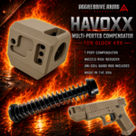 AGGRESSIVE ARMS HAVOXX 7 PORT COMPENSATOR SYSTEM FOR GLOCK 43X FDE TAN - RECOIL REDUCTION - 1/2X28 TPI - POWER UNI-COIL GUIDE ROD INCLUDED