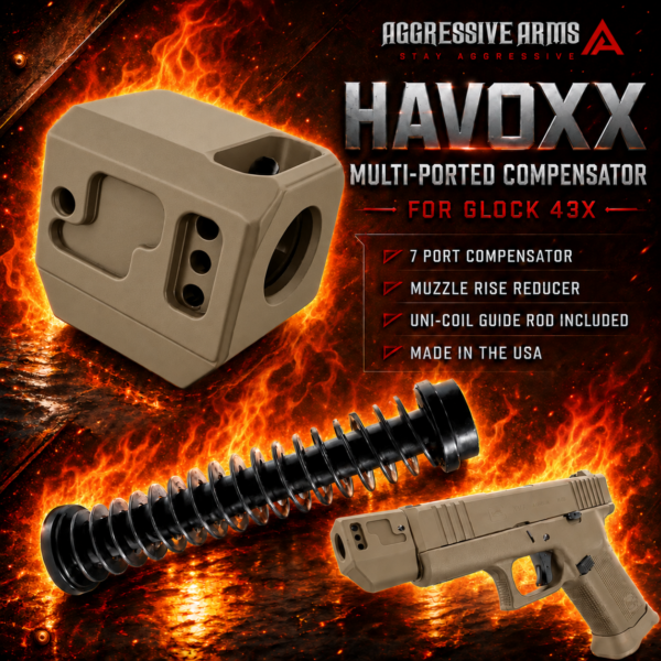 AGGRESSIVE ARMS HAVOXX 7 PORT COMPENSATOR SYSTEM FOR GLOCK 43X FDE TAN - RECOIL REDUCTION - 1/2X28 TPI - POWER UNI-COIL GUIDE ROD INCLUDED