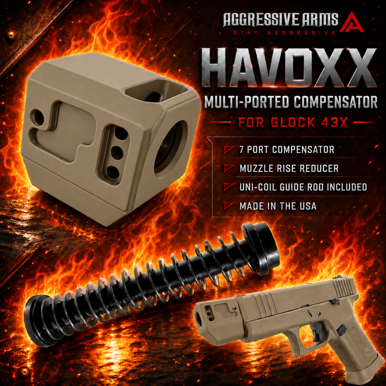 fdeh AGGRESSIVE ARMS HAVOXX 7 PORT COMPENSATOR SYSTEM FOR GLOCK 43X FDE TAN - RECOIL REDUCTION - 1/2X28 TPI - POWER UNI-COIL GUIDE ROD INCLUDED - Image 1