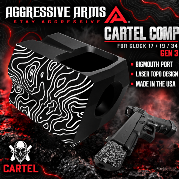 AGGRESSIVE ARMS Cartel TOPOGRAPHY SERIES PORTED Recoil REDUCTION COMPENSATOR for GEN 3 GLOCK 17 19 34  TOPO BLACK - 1/2x28 TPI Thread