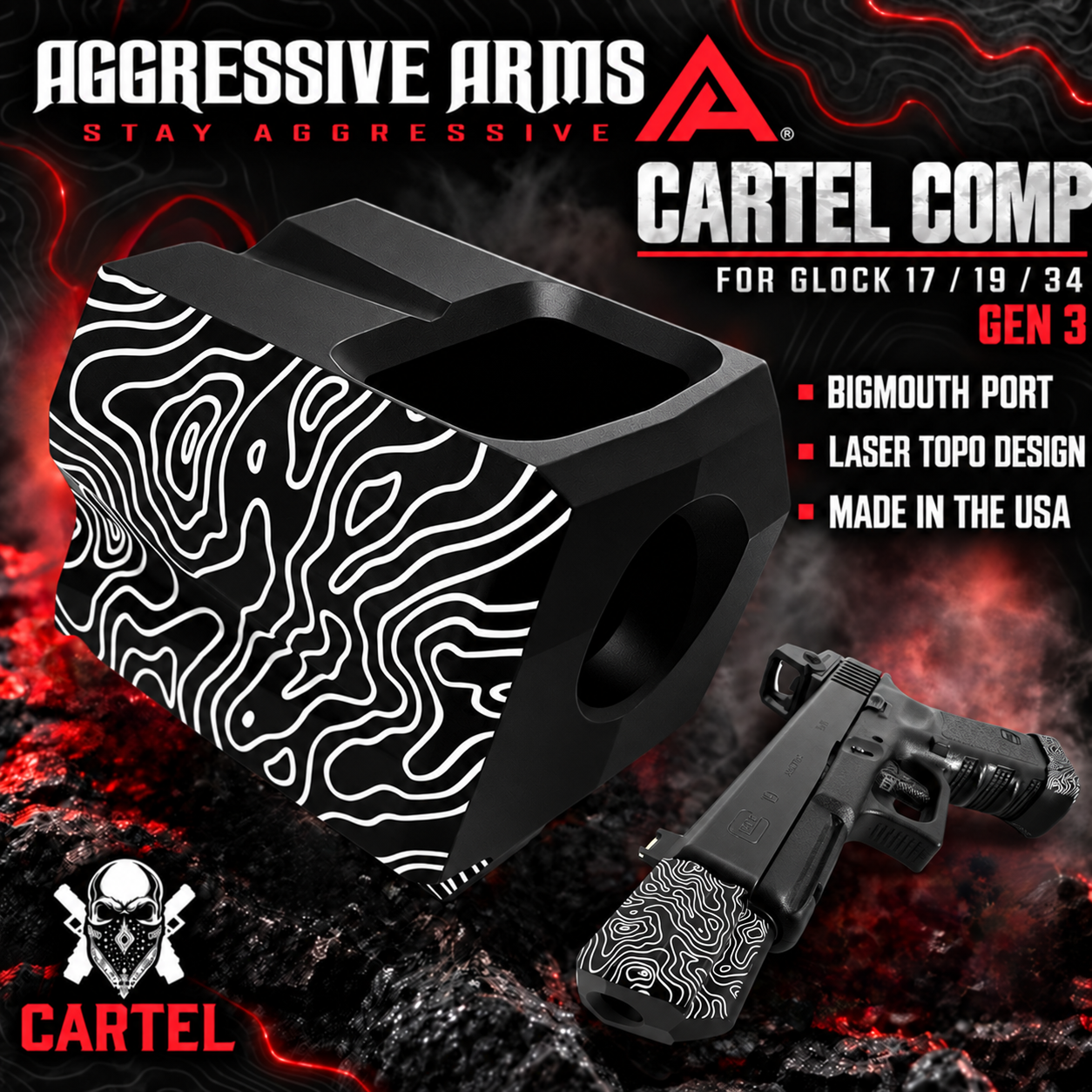 main3 AGGRESSIVE ARMS Cartel TOPOGRAPHY SERIES PORTED Recoil REDUCTION COMPENSATOR for GEN 3 GLOCK 17 19 34 TOPO BLACK - 1/2x28 TPI Thread - Image 1