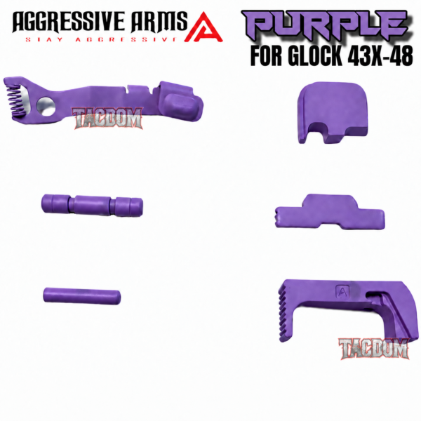 AGGRESSIVE ARMS PURPLE CERAKOTED PARTS FOR GLOCK 43X / 48 - GHOST EXTENDED SLIDE RELEASE / CATCH - SLIDE LOCK - PINS - REAR COVER PLATE - MAGAZINE CATCH