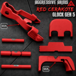 AGGRESSIVE ARMS RED CERAKOTED PARTS FOR GLOCK GEN 5 - OEM SLIDE RELEASE / LOCK - SLIDE LOCK - PINS - REAR COVER PLATE - OEM MAGAZINE CATCH