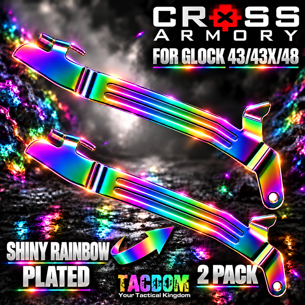 0be5d5af-034b-44b3-bac5-1fb3746471e1 CROSS ARMORY ENHANCED 2 Trigger BARS for Glock 43 - 43x - 48 SHINY RAINBOW PLATED - Image 1