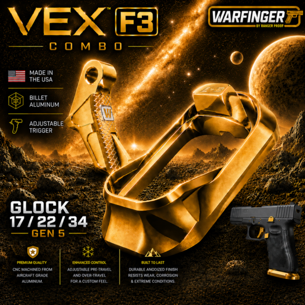 WARFINGER by Ranger Proof for GLOCK 17 / 22 / 34 ENHANCED ANODIZED GOLD BILLET ALUMINUM MAGWELL + VEX F3 ADJUSTABLE TRIGGER – FITS GEN 5 OEM FACTORY FRAMES