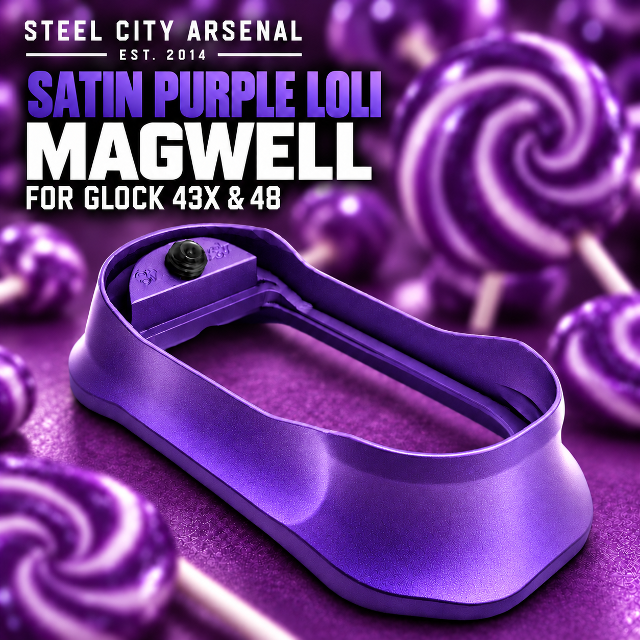 4331d51a-097e-471f-b125-c1185ae4a7ae STEEL CITY ARSENAL GLOCK GEN 5 43X - 48 ENHANCED "TACDOM EXCLUSIVE" SATIN PURPLE LOLI MAGWELL – FITS OEM GLOCK FACTORY FRAMES - Image 1