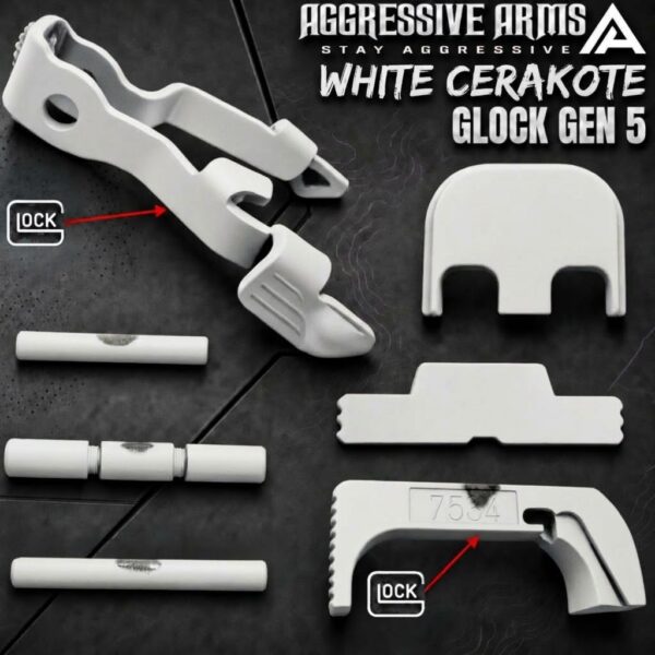 AGGRESSIVE ARMS WHITE CERAKOTED PARTS FOR GLOCK GEN 5 - OEM SLIDE RELEASE / LOCK - SLIDE LOCK - PINS - REAR COVER PLATE - OEM MAGAZINE CATCH
