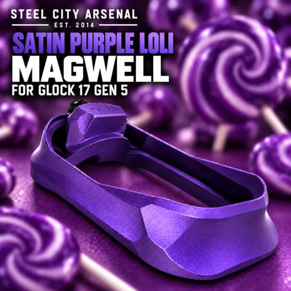 STEEL CITY ARSENAL GLOCK 17 - 22 - 34 - 45 GEN 5 ENHANCED "TACDOM EXCLUSIVE" SATIN PURPLE LOLI MAGWELL – FITS OEM GLOCK FACTORY FRAMES