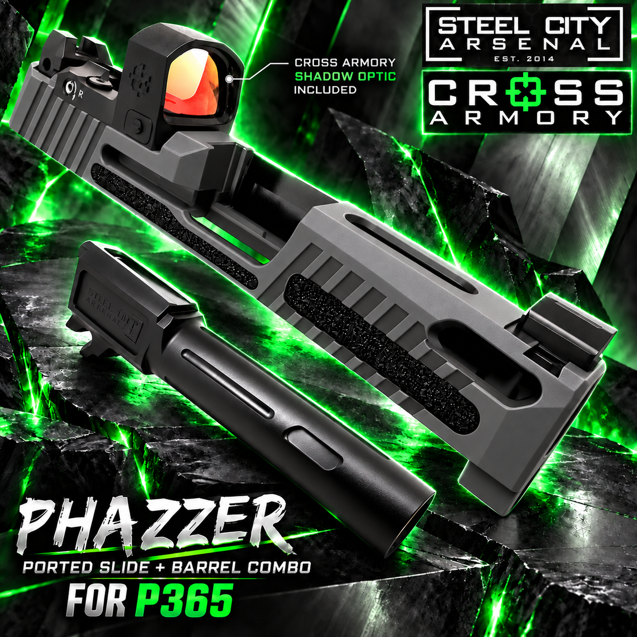 7c8e5d8d-b1b2-41a7-aaf7-e44bdd840f87 STEEL CITY ARSENAL LIMITED EDITION PHAZZER Ported SIG DARK GREY Slide & Barrel Combo for SIG P365 + CROSS ARMORY Shadow Red Dot OPTIC INCLUDED - Image 1
