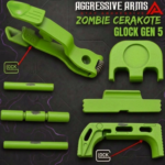 AGGRESSIVE ARMS ZOMBIE GREEN CERAKOTED PARTS FOR GLOCK GEN 5 - OEM SLIDE RELEASE / LOCK - SLIDE LOCK - PINS - REAR COVER PLATE - OEM MAGAZINE CATCH - Image 2