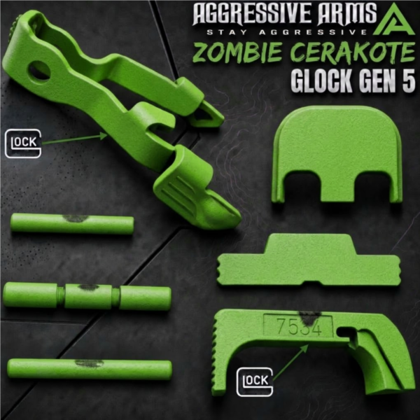 AGGRESSIVE ARMS ZOMBIE GREEN CERAKOTED PARTS FOR GLOCK GEN 5 - OEM SLIDE RELEASE / LOCK - SLIDE LOCK - PINS - REAR COVER PLATE - OEM MAGAZINE CATCH