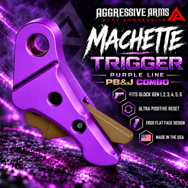 AGGRESSIVE ARMS MACHETTE EDITION for GLOCK GEN 1 2 3 4 5 6 "6061 BILLET ALUMINUM" TRIGGER VIOLET PURPLE ANODIZED/ PEANUT BUTTER SAFETY