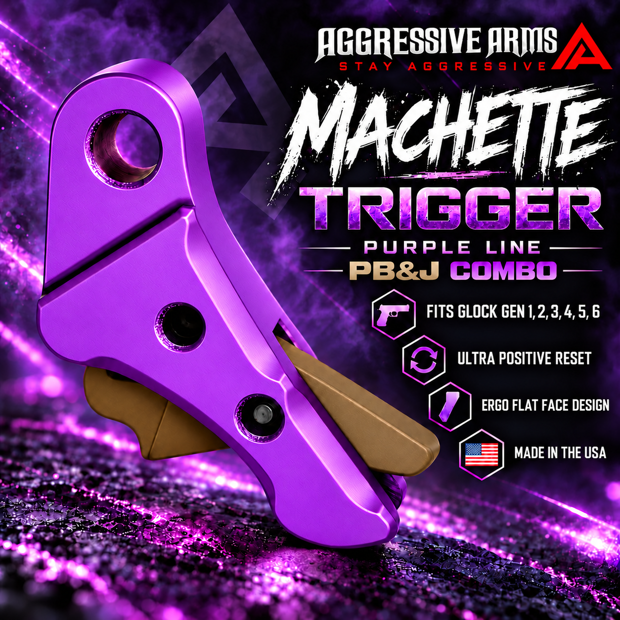 a03a5017-b464-46fa-8c32-b772876469ac AGGRESSIVE ARMS MACHETTE EDITION for GLOCK GEN 1 2 3 4 5 6 "6061 BILLET ALUMINUM" TRIGGER VIOLET PURPLE ANODIZED/ PEANUT BUTTER SAFETY - Image 1