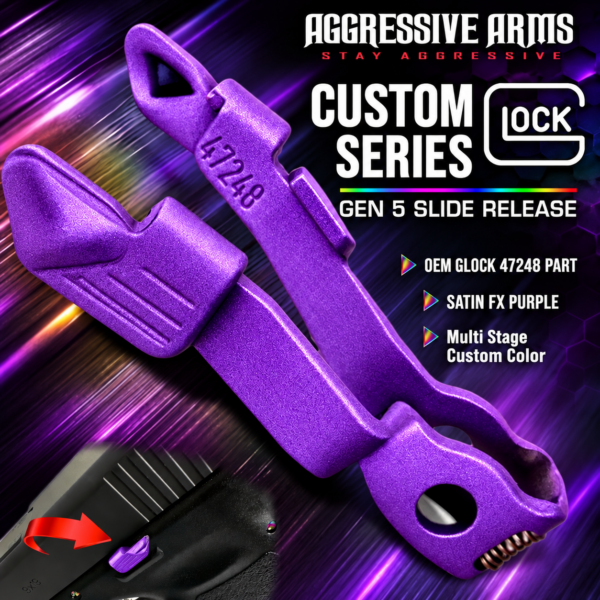AGGRESSIVE ARMS & OEM GLOCK Extended Slide Stop SATIN FX PURPLE Release for GLOCK GEN 5 & 6 - 17 19 22 23 26 34 45 4921