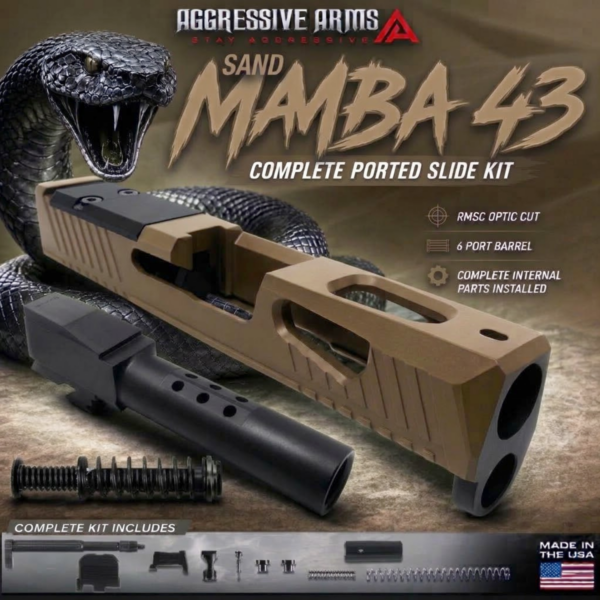 AGGRESSIVE ARMS SAND MAMBA PORTED TAN SLIDE AND HEXA-PORT BLACK BARREL COMPLETE WITH PARTS INSTALLED FOR GLOCK 43 / 43X